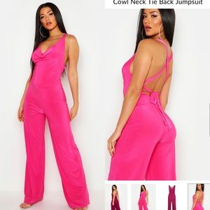 HOT PINK JUMPSUIT // SILKY WITH LACE UP BACK